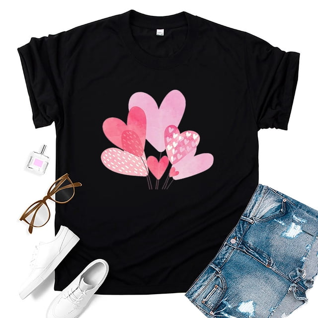Meichang T-Shirts de la Saint-Valentin pour Femmes, T-Shirts Graphiques avec Cœur, Manches Courtes, Col Rond, Coupe Ample, Tendance