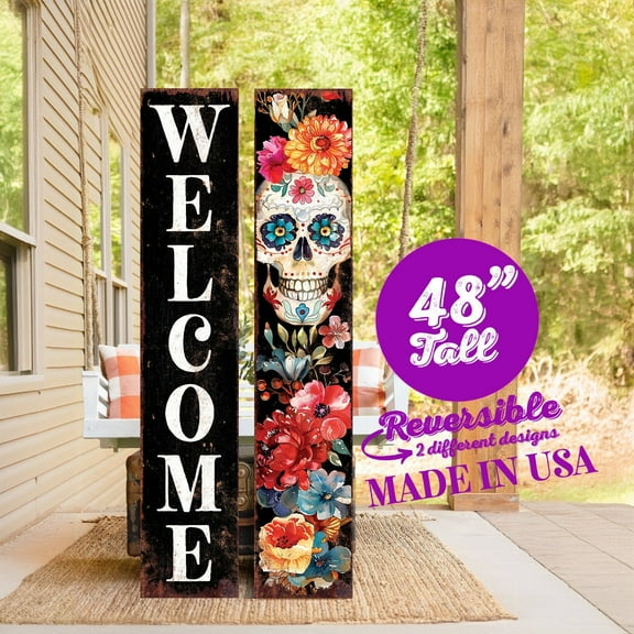 48in Dia de los Muertos Sugar Skull Porch Sign - Vintage Welcome