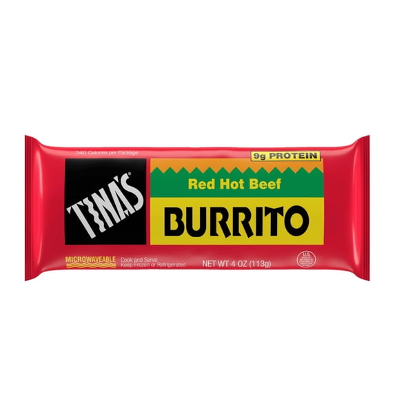 Tina’s Red Hot Beef Burrito, Frozen Microwave Meal Snack, 4 oz Single Serve, High Protein, Everyday Value