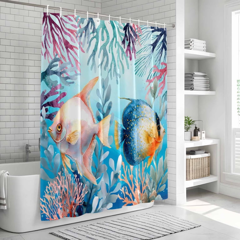 fish shower curtains bath accessory sets Cute Drawing Children and Curtain Durable Fabric Manatee Shower Curtain Set Teal