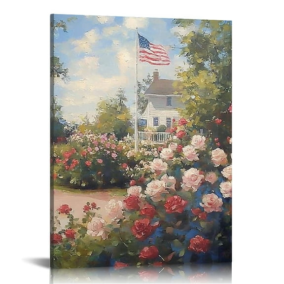 GooTPa 4th of July Patriotic Canvas Wall Art, Vibrant Garden and American Flag Canvas Prints Wall Art for Living Room Bathroom Bedroom Office, Art Print Painting for Home Decorations - 12x16in