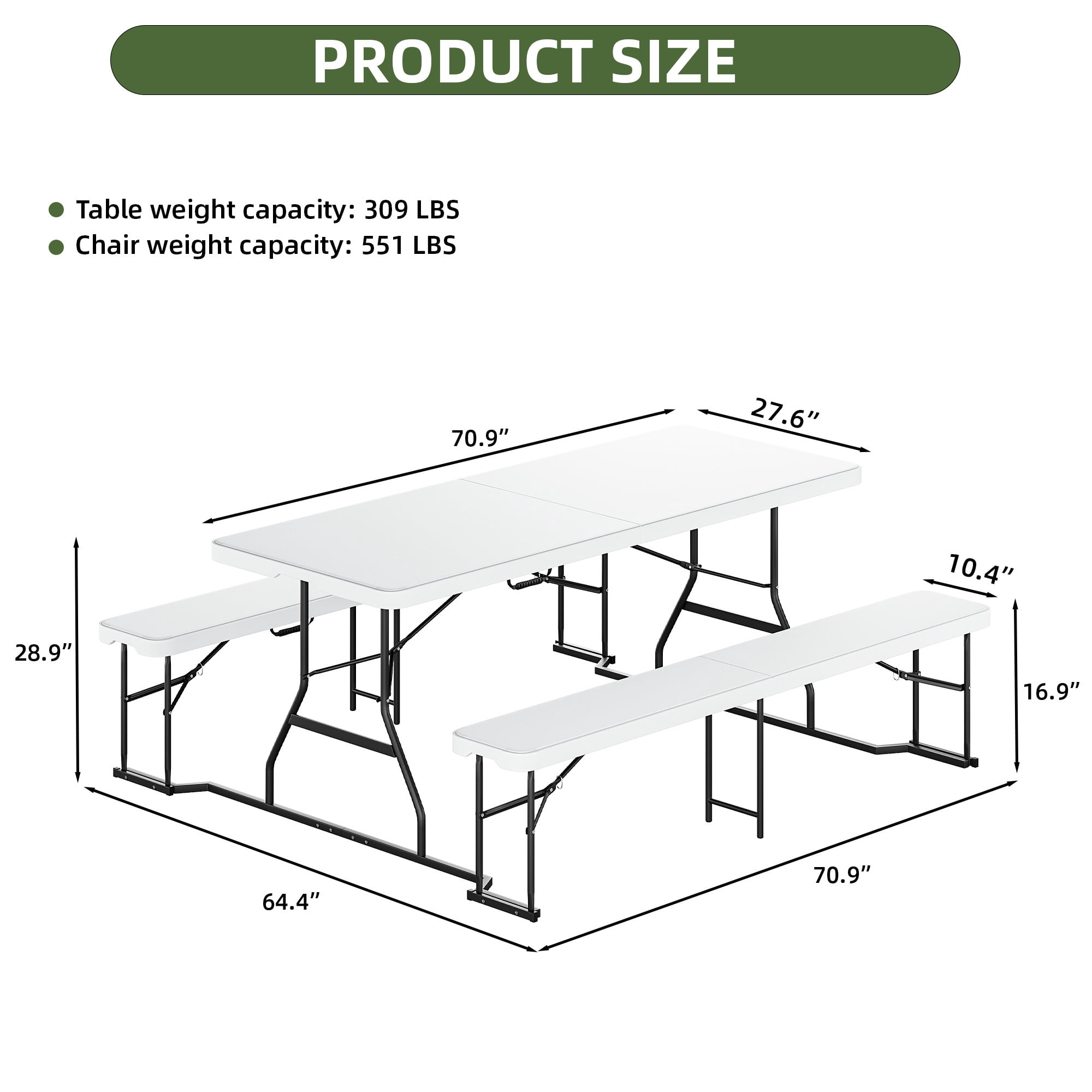 Uforic 6 Ft Folding Picnic Table with Attached Benches, Portable Heavy Duty Outdoor Table with Center Lock & Non-Slip Feet, White