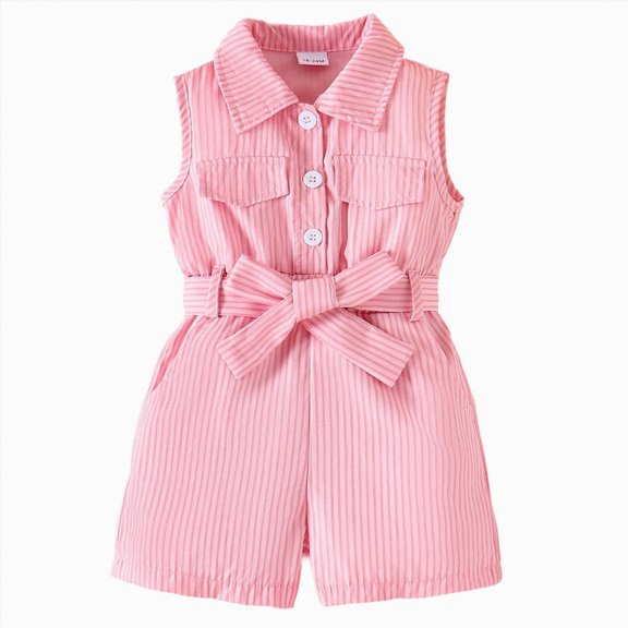 UngA Girls Cute Romper Button Down Belted Jumpsuit Toddler Kids Wide Leg Short Summer Stripe Outfits with Pockets 18-24 Months,Pink