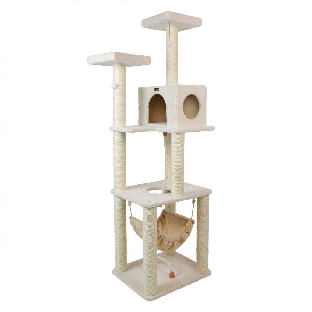 Cat Tree Tower, 73 Inch Tall Multi-Level Cat Condo with Natural Sisal Scratching Posts, Plush Perches, Cozy Hideaway, Hanging Hammock and Rope, Beige