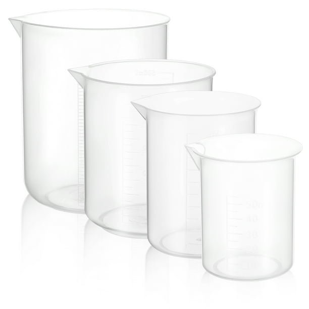 Juego de 4 vasos medidores de plástico grueso con escala para líquidos: 50 ml / 250 ml / 500 ml / 1000 ml.