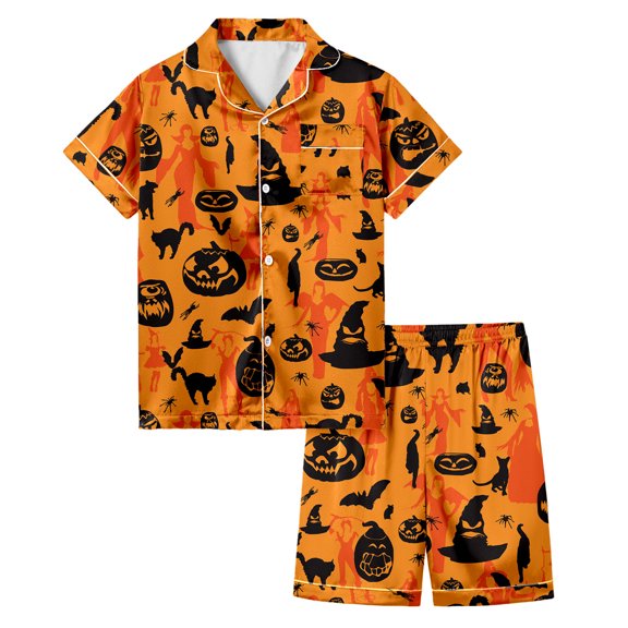 Toddler Girl Outfits 2 Piece Halloween Cartoon Print Short Sleeve Lapel Pocket Top And Shorts At Home Wear Baby Girls' Clothing Sets 3 Years-4 Years