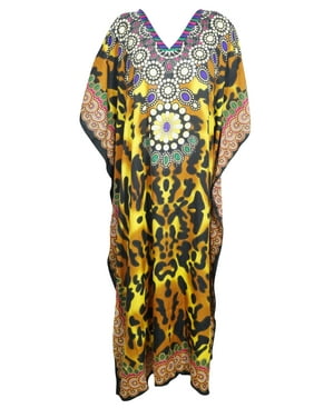 Mogul Women Kaftan Maxi Dress, Yellow Black Leopard Print Housedresses,Bohemian Dresses, Summer Kaftan, holidays Fashion Caftan 3X