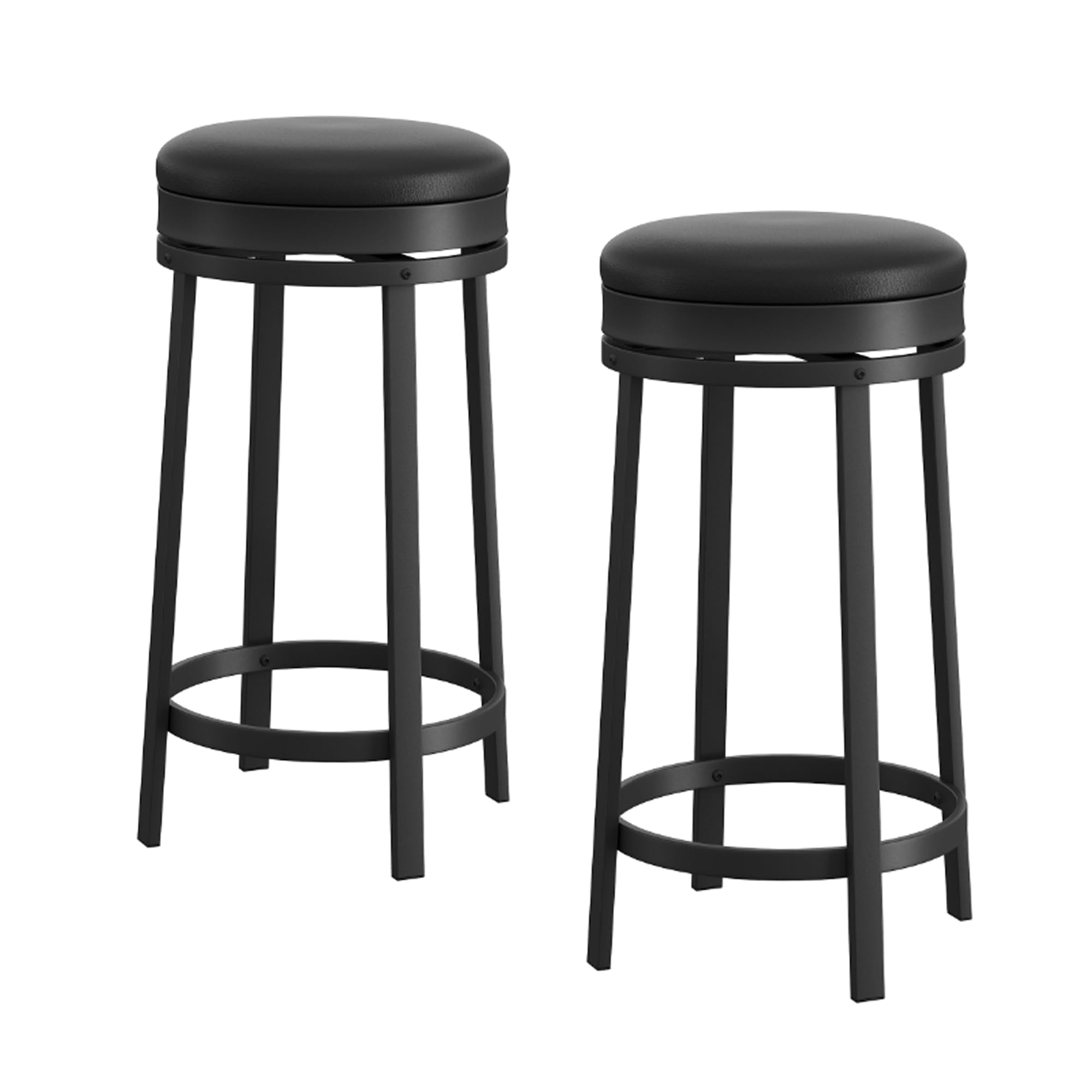 24"Swivel Bar Stools with Footrest, Modern Counter Height Barstools with Pu Leather Upholstered and Metal Frame, Backless Round Bar Stools for Kitchen Island, Black
