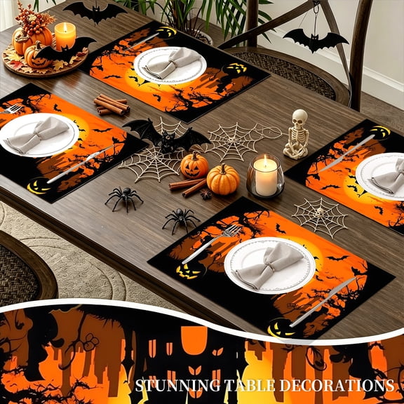 MIZHONA Halloween Placemats Set of 4,Horror Pumpkin Linen Table Mats for Table Decorations 12x18 in