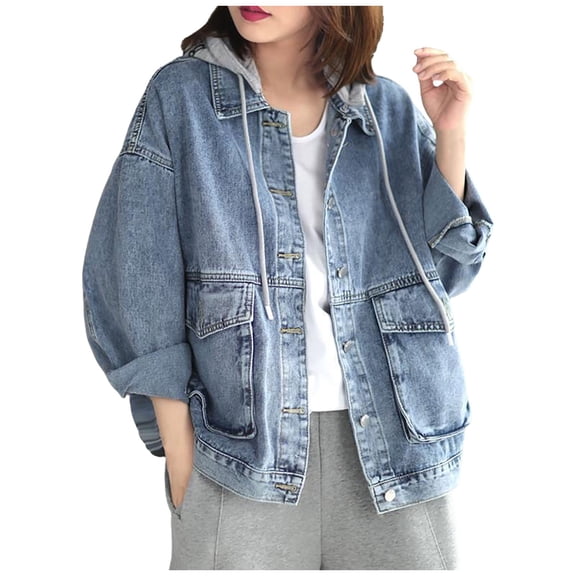 Womens Denim Jacket Jean Jacket Casual Loose Age Reducing Unisex Hooded Clothes
