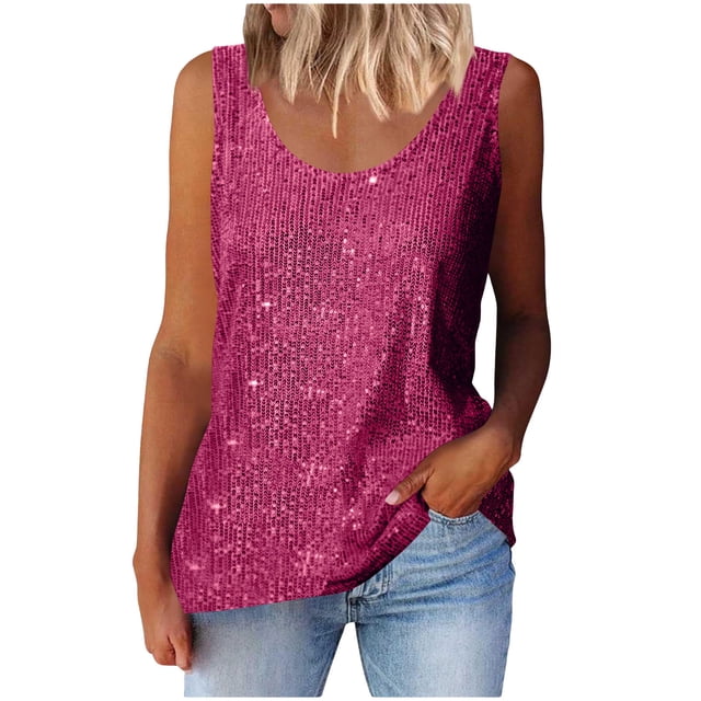 Plebaso Débardeurs à Paillettes à Col Ras du Cou pour Femmes, Hauts Sans Manches Scintillants, Débardeurs de Mode pour Fêtes, Tenue de Boîte de Nuit