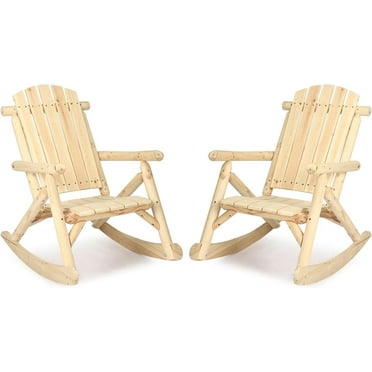 Wooden Adirondack Rocking Chair, Patio Log Rocker Outdoor Lounge Chair with Slatted Wooden Design, High Fanned Back & Classic Rustic Style for Garden Patio Backyard Porch (Set of 2, Natural)