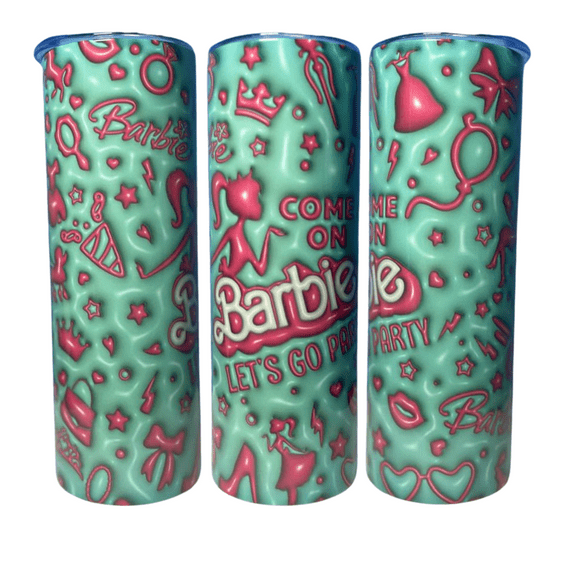 Barbie Land Pink and Blue 3D Design 20oz Skinny Hot and Cold Tumbler Cup with Metal Straw and Cleaner