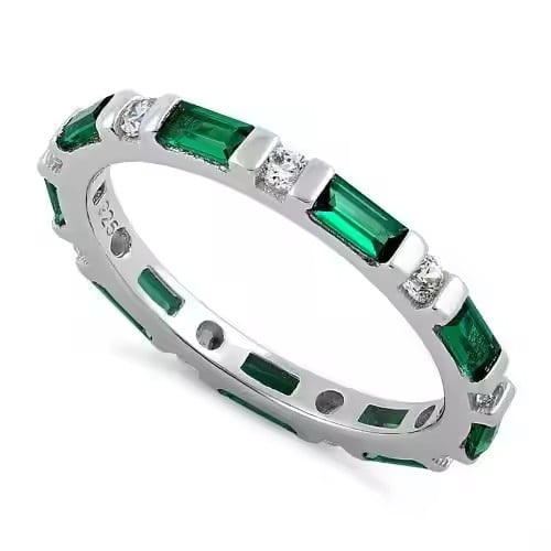 Baguette and Round Cut Lab-Created Emerald & Moissanite Bar-Set Eternity Wedding Band Ring in 925 Sterling Silver – Elegant Jewelry for Her