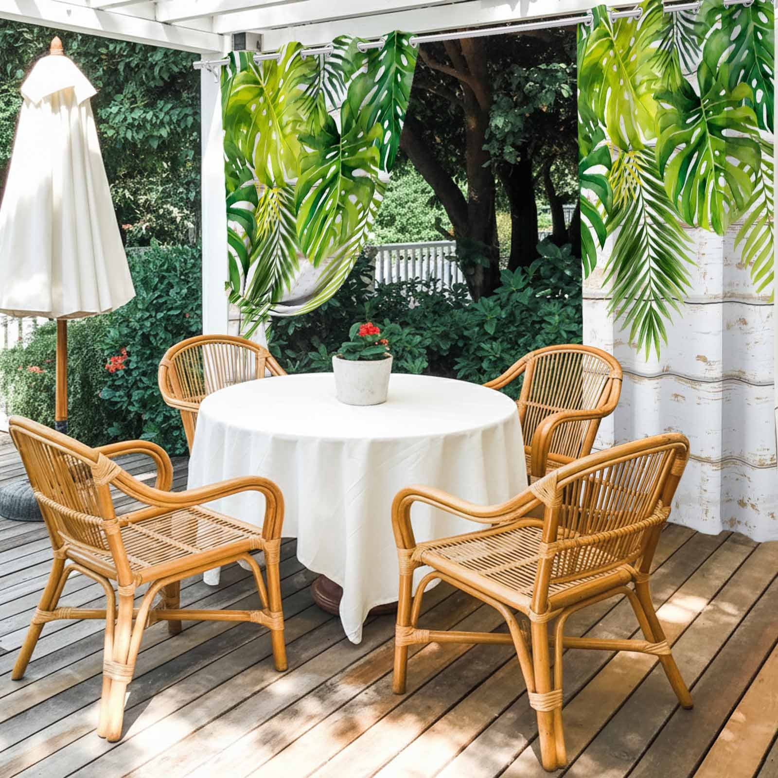 Palm Leaf Outdoor Curtains for Patio, Green Tropical Plant Rustic Country Farm White Wood Grain Sunshade Privacy Drapes Grommet Waterproof Outside Curtains for Porch/Cabana/Balcony 54"x 108", 2 Panel