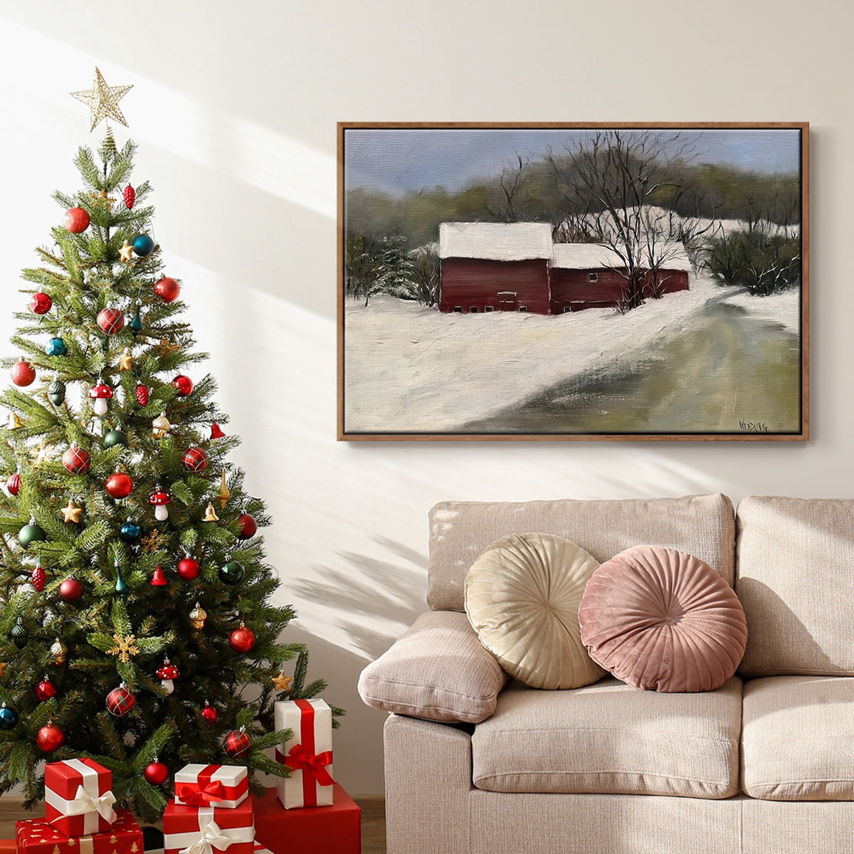 Winter Homestead II - Framed Gallery Wrapped Holiday Canvas - 25 x 37 - Rosewood Frame