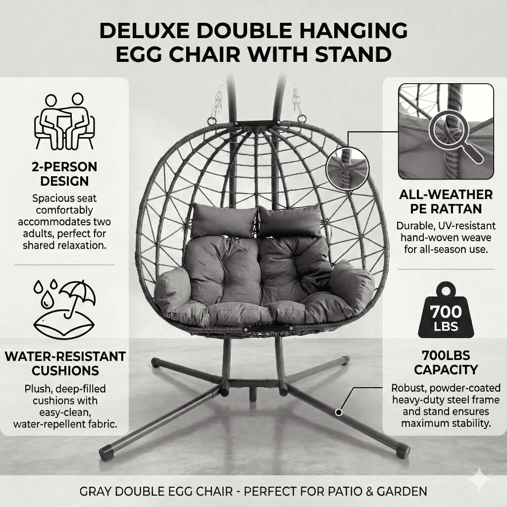 Aukfa XL 2-Person Double Egg Swing Chair with Stand, Heavy Duty Outdoor Wicker Hanging Chair with Cushions & Headrest, Gray