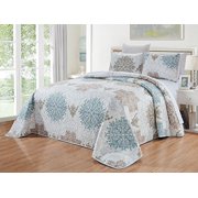GrandLinen 3-Piece Fine Printed Oversize (100" X 95") Quilt Set Reversible Bedspread Coverlet Queen Size Bed Cover (Blue, White, Grey Scroll)