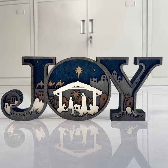 Christmas JOY Wooden Tabletop Sign, Nativity Scene Desktop Ornament for Mantel and Home Decor