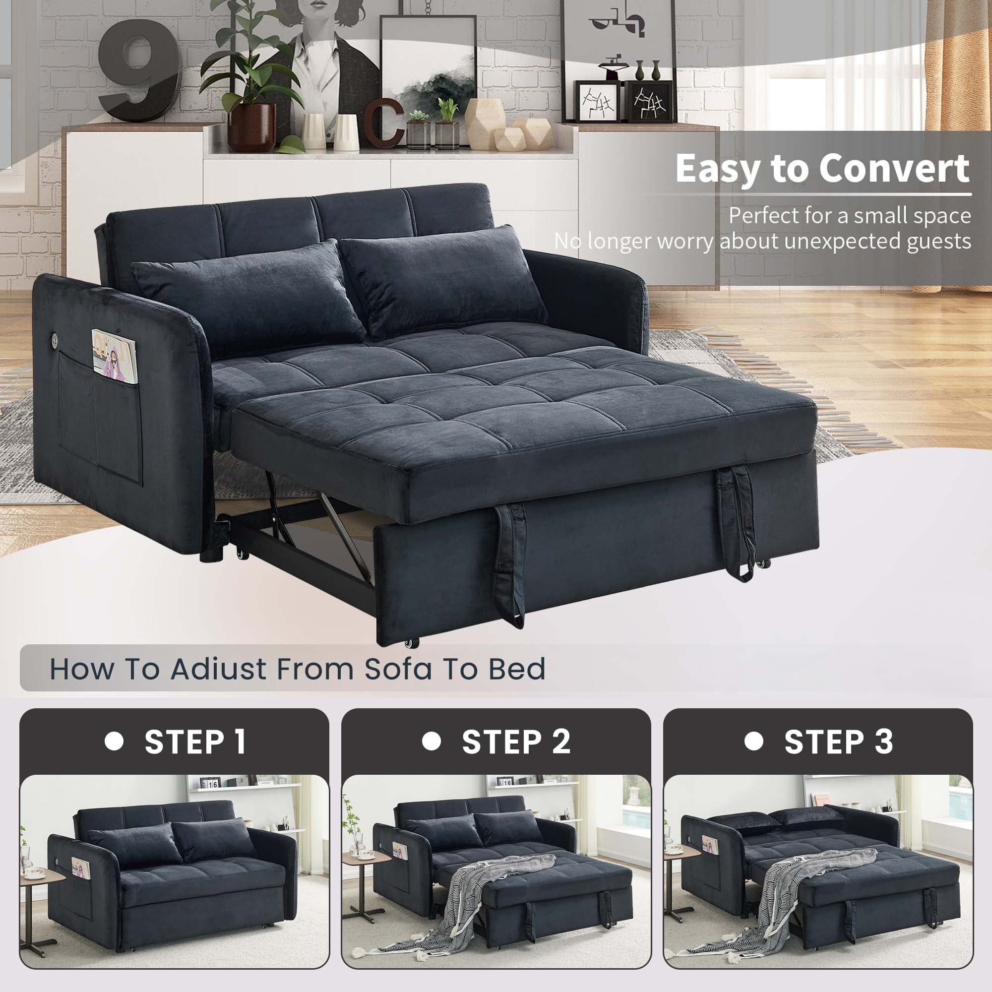 DEALTOPS 55.5" Pull Out  Loveseats Sleeper Sofa Bed with USB Ports and Side Pockets, Black