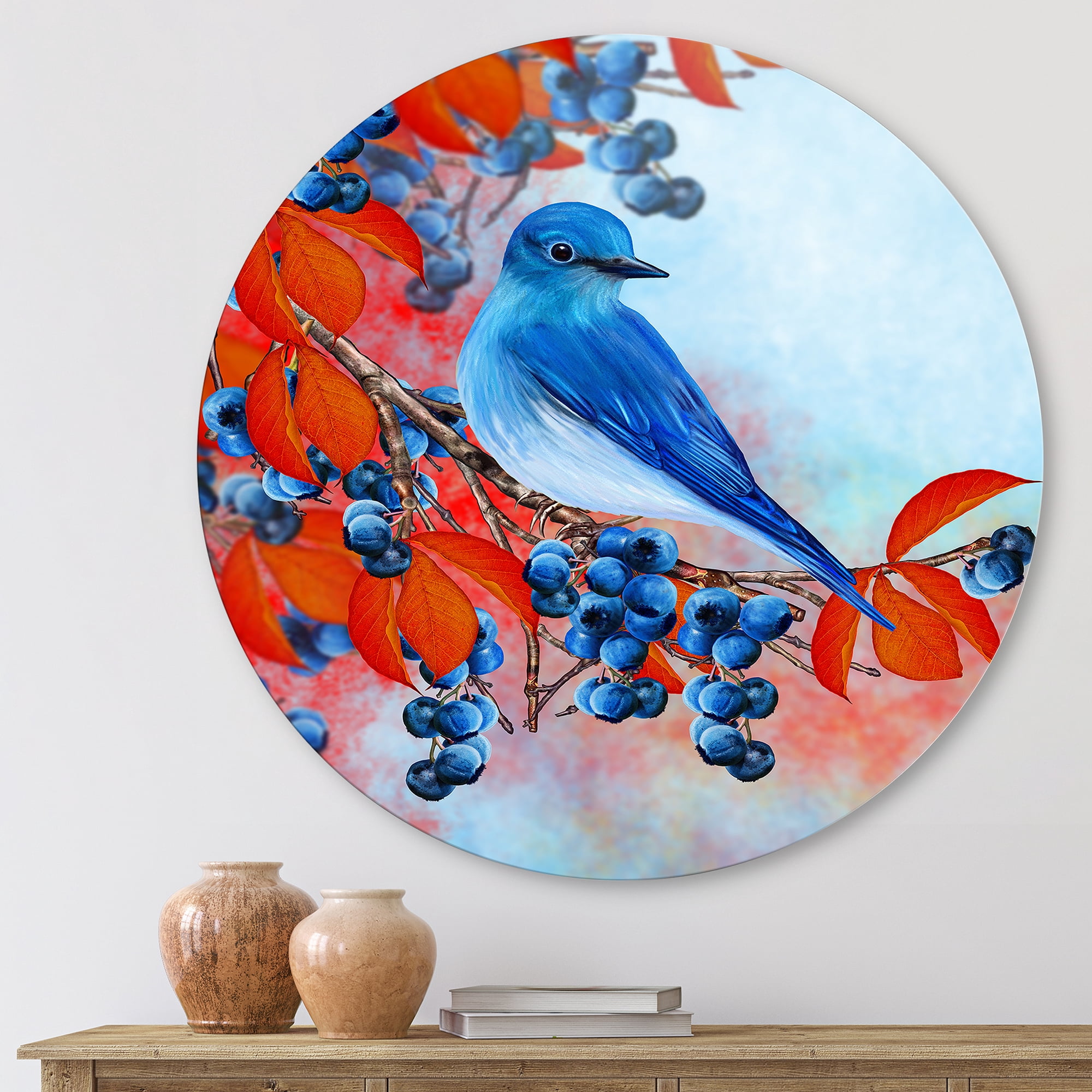 Designart 'Bright Bird Bullfinch Sitting On A Branch of Berries III' Traditional Circle Metal Wall Art 11x11 - Disc of 11