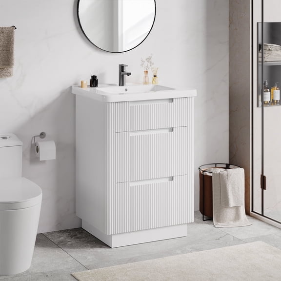 24 inch Bathroom Vanity with Ceramic Sink, Modern Floor Vanity Sink Cabinet with 3 Drawers, Fluted Free Standing Bathroom Storage Cabinet with Sink Combo Set, White