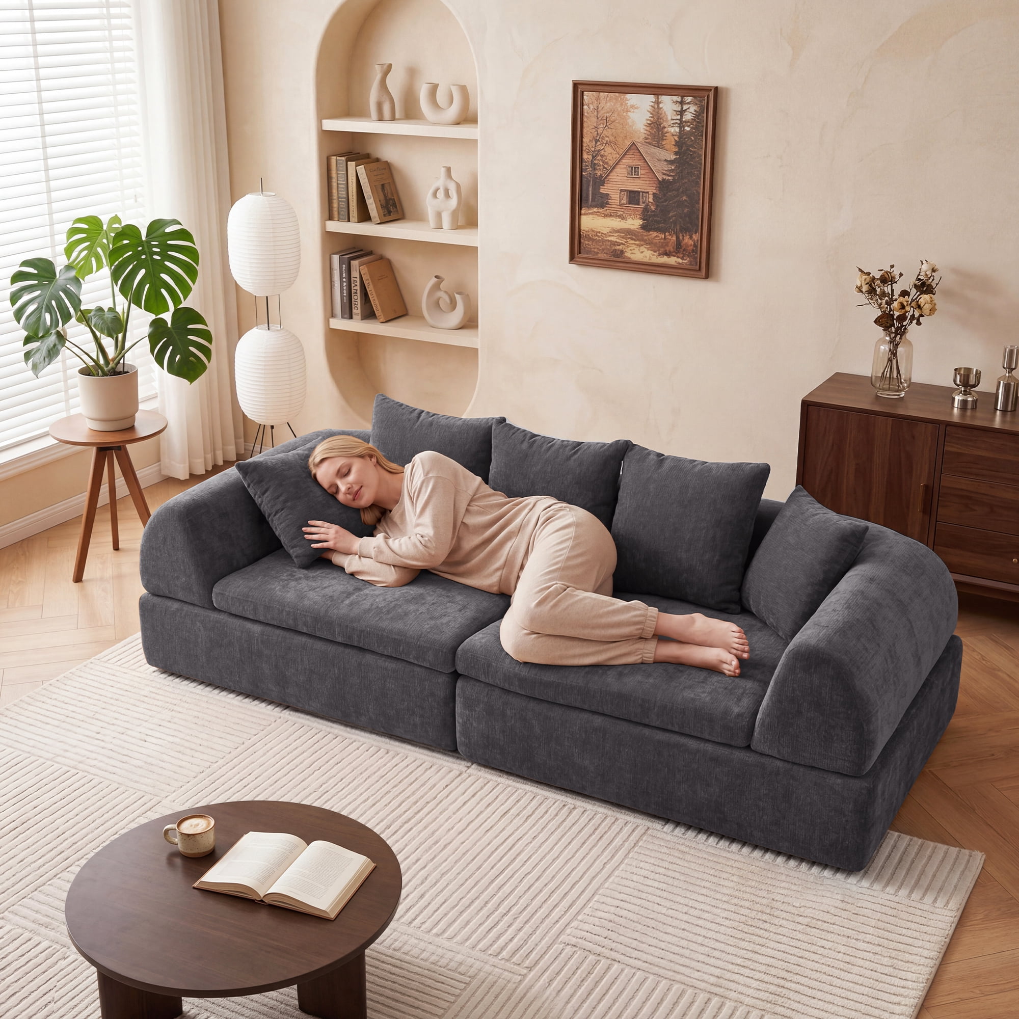 Leumius Cloud Sectional Sofa,3 Seater Boneless Couch with Deep Seat,Modern Sofa with 5 Pillows for Living Room Bedroom,No Assembly,Gray