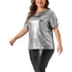thumbnail image 4 of Blusa metálica de talla grande para mujeres, con cuello redondo y abertura, camiseta de manga corta, blusas de fiesta, top 3X plateado, 4 of 6