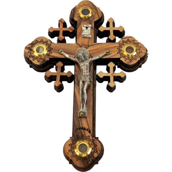 Layered Olive Wood Cross Carved by Laser with Holy Land Samples - Hanging (12 cm or 5 inches) Small/Certificate