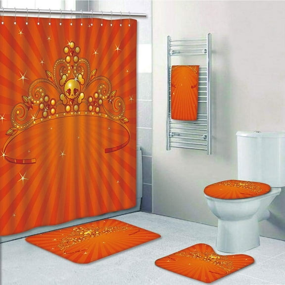 PRTAU Queen Fancy Halloween Princess Crown with Little Skull Daisies on Radial Backdrop Stars 5 Piece Bathroom Set Shower Curtain Bath Towel Bath Rug Contour Mat and Toilet Lid Cover