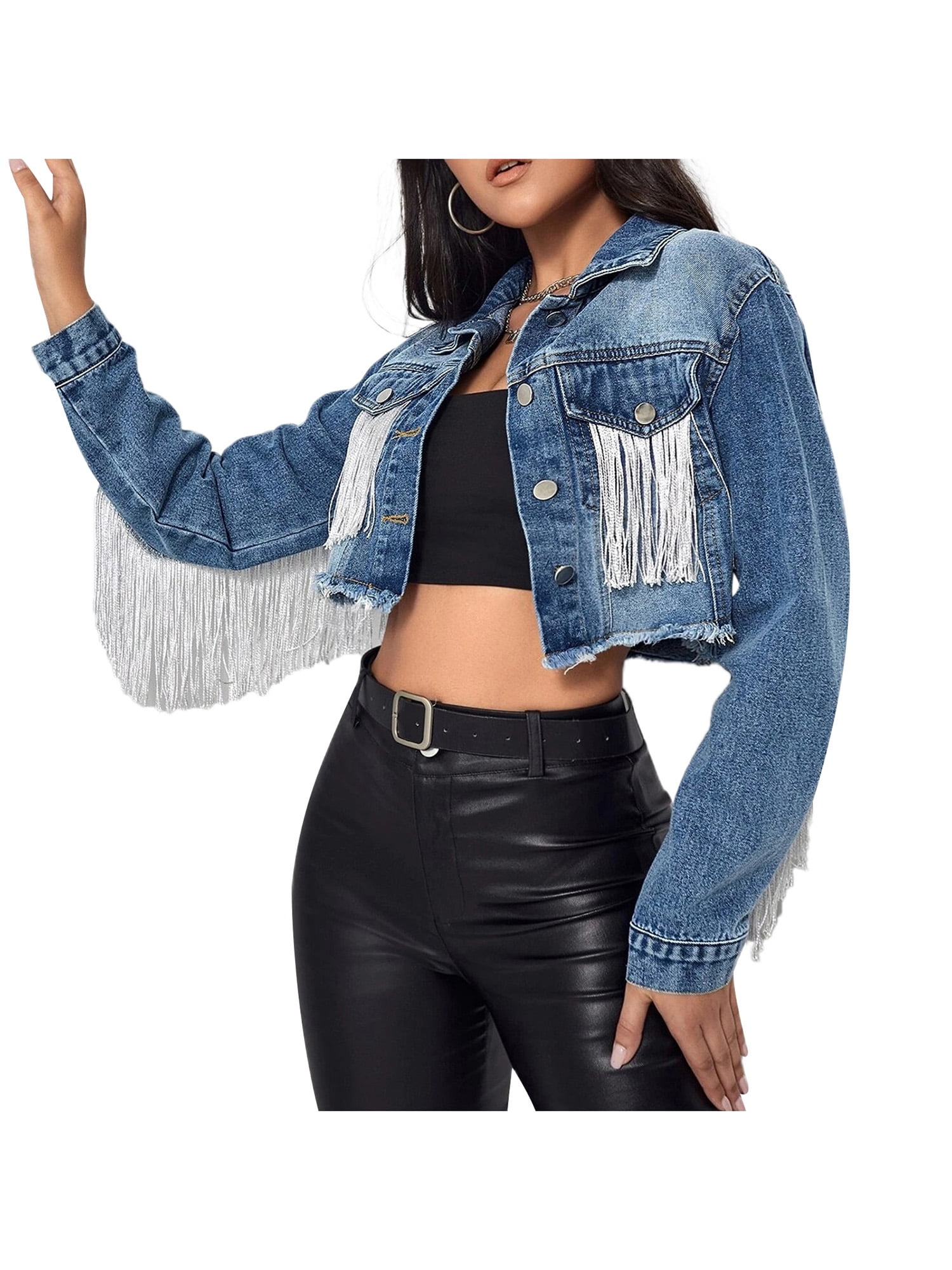 Collared Neck Long Sleeve Cropped Denim Jacket - Dark / S