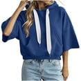 thumbnail image 2 of LEKWK Cropped Hoodie Women Drop Shoulder Short Sleeve Sweatshirt Drawstring Loose Fit Pullover Tops with Pocket Fall Casual Activewear Blue XXL, 2 of 7