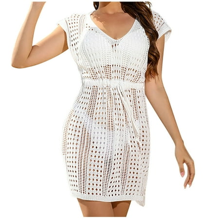 Zkozptok Cover Up Swimwear Dress for Womens 2024 Summer Crochet Hollow Out Bikini Cap Sleeve V Neck Beach Bathing Suit