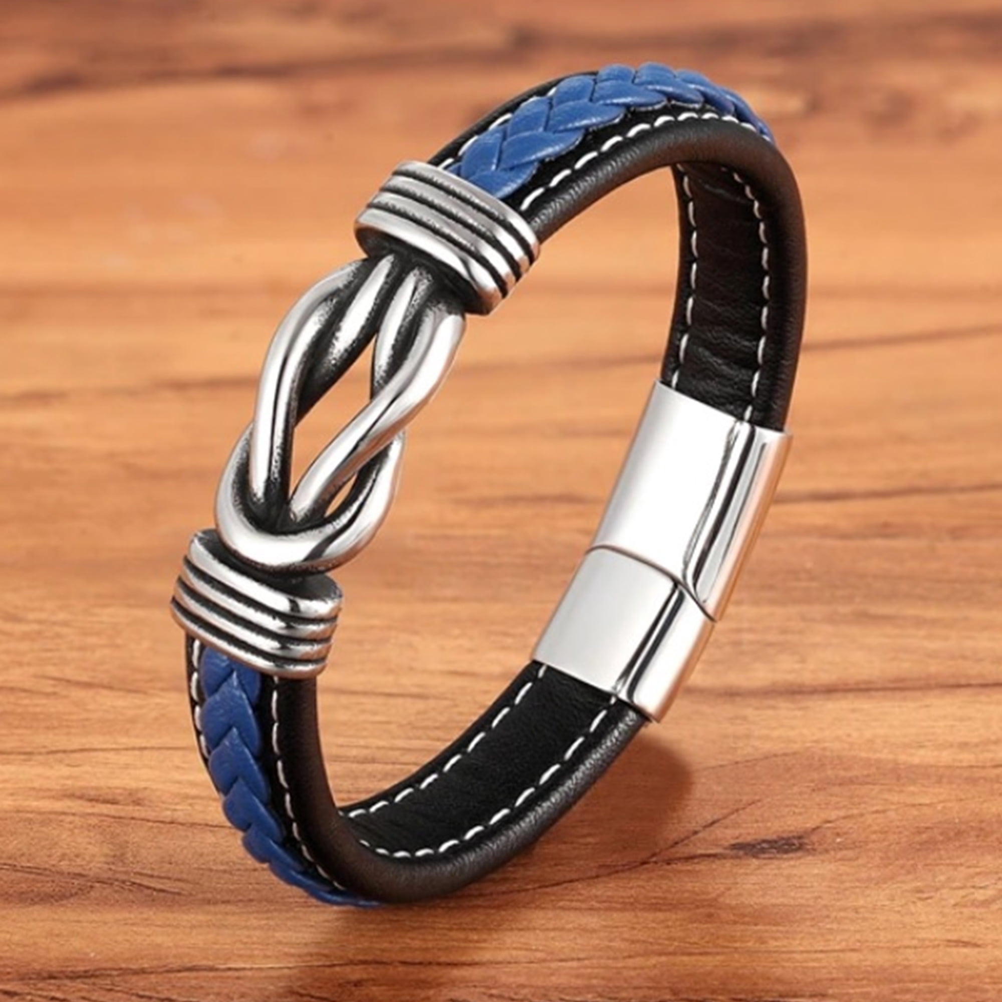 Mens Fashion Leather Bracelet with Stainless Steel Accents, Blue