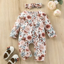 Baby Romper Baby Girls Cotton Floral Autumn Long Sleeve Romper Jumpsuit Headbands Clothes