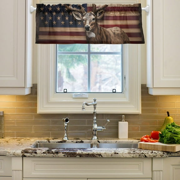 American Flag Deer Curtain Valances Farmhouse Design Window Treatment Decor Blackout Rod Pocket for Windows Living Room Kitchen 54" x 18"