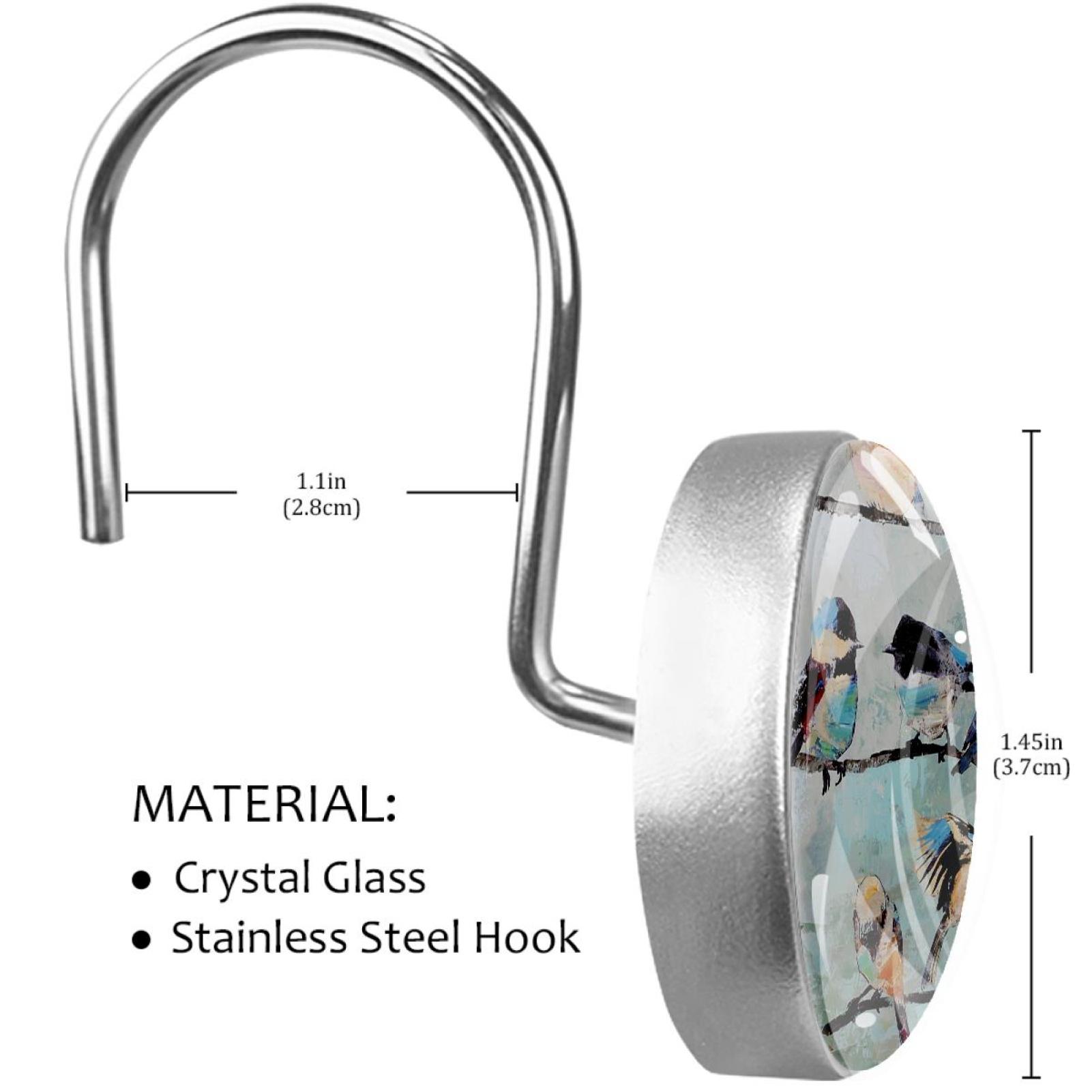 Birds Paintings Shower Curtain Hooks（Set of 12）for Home Hotel Shower Rods Bathroom Crystal Glass Print Stainless Steel Round Curtain Hooks