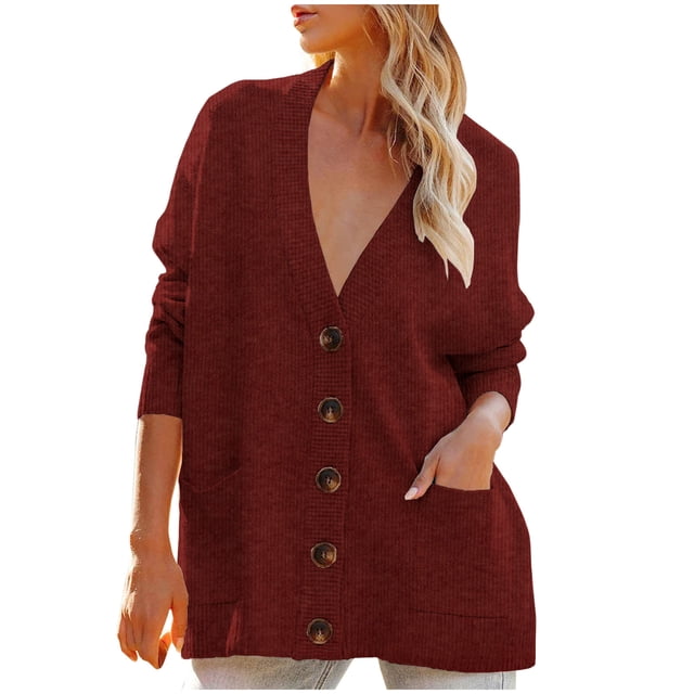 Pompotops Mode Femmes Décontracté Manches Longues Bouton Long Chandail Manteau Solide Cardigan Blouse Hauts Liquidation