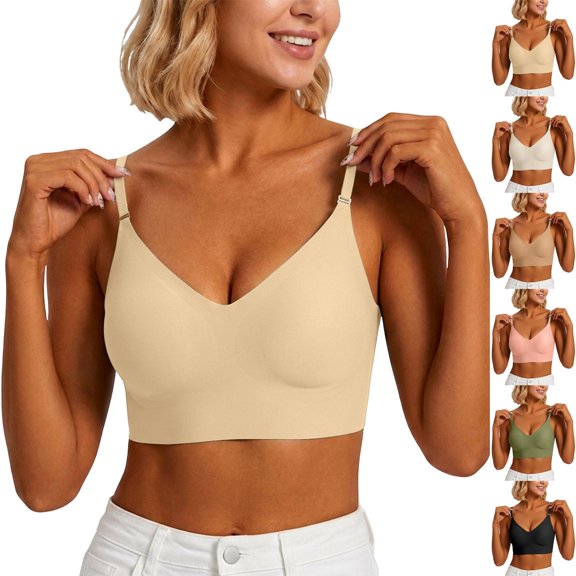 Women Seamless Wireless Bra, Adjustable Thin Strap Deep V Neck No Underwire Comfort Everyday Sleep Bra