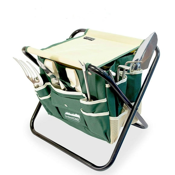 GardenHOME 7-Piece Gardening Tool Set – Stainless Steel Tools with Wooden Handles, Folding Stool, and Canvas Tote Bag,