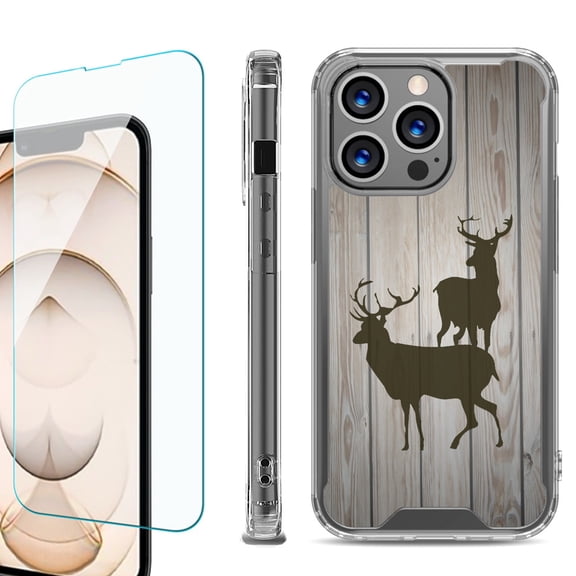 Shockproof Bumper Phone Case for iPhone 13 Pro Max, with Tempered Glass Screen Protector, by OneToughShield ® - Wood/Deer