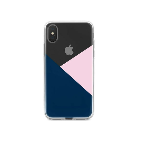 DistinctInk Clear Shockproof Hybrid Case for iPhone XS Max (6.5" Screen) - TPU Bumper, Acrylic Back, Tempered Glass Screen Protector - Color Block - Navy & Pink