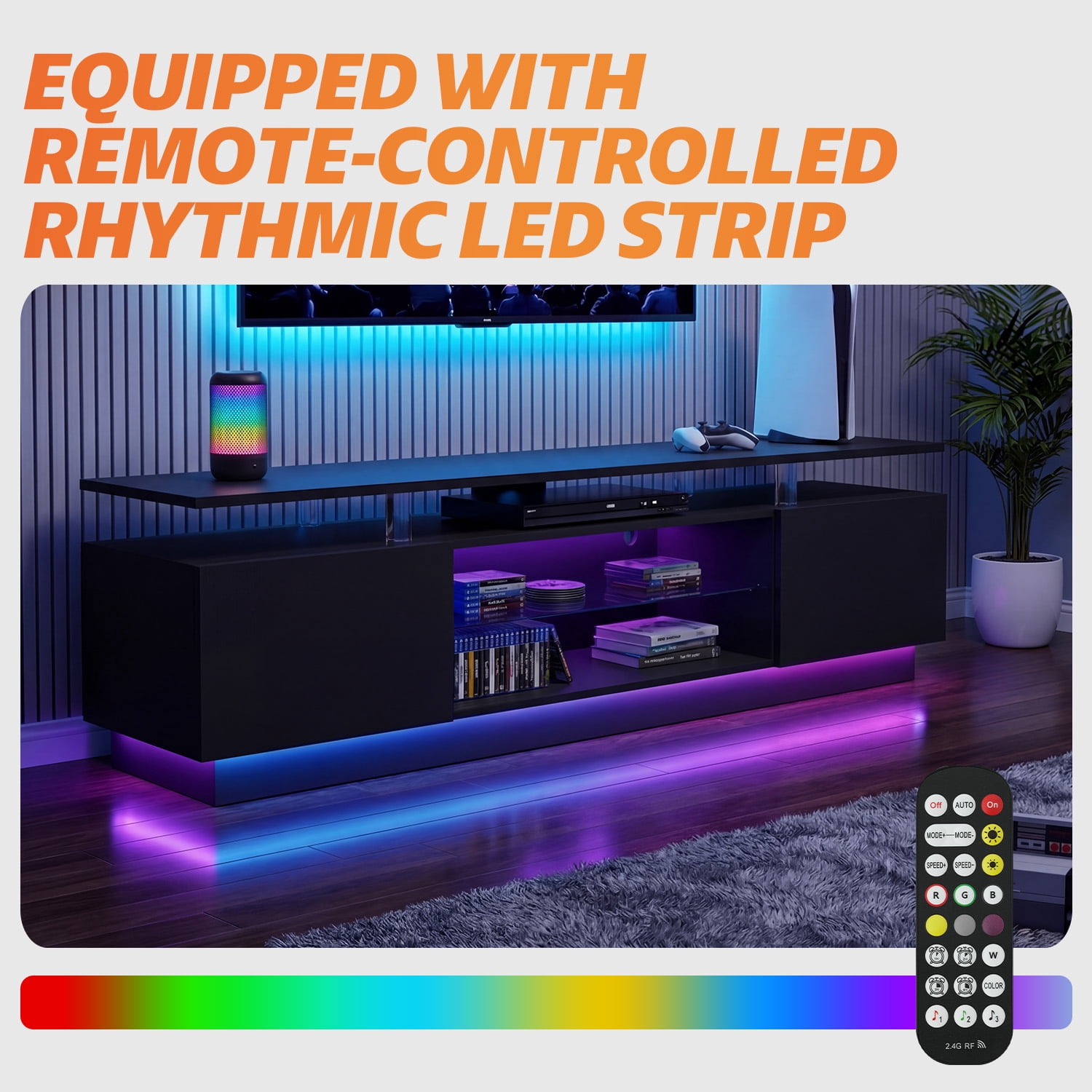 Sonegra 70” High-Glossy TV Stand with 2 Side Cabinets, Modern Stylish TV Console with 3 Layer LED Lights,Gaming TV Media Console with Adjustable Glass Shelf, Black