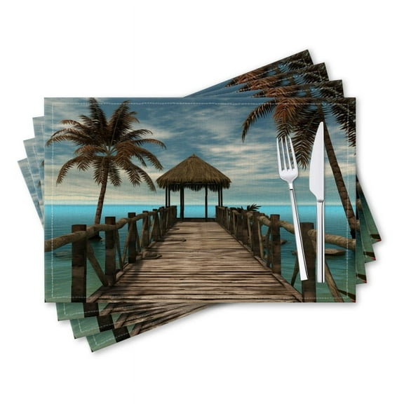 BaHomeck placemats Set of 4 rectangle Linen Cotton Placemats for Dining Table Washable Heat Resistant,18*12inch,Wooden Pier With Palm Trees And Thatched Roof