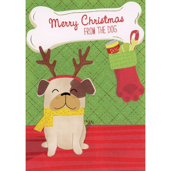 Designer Greetings Smiling Dog Wearing Antlers and Yellow Scarf with Paw Shaped Stocking Christmas Card from Dog