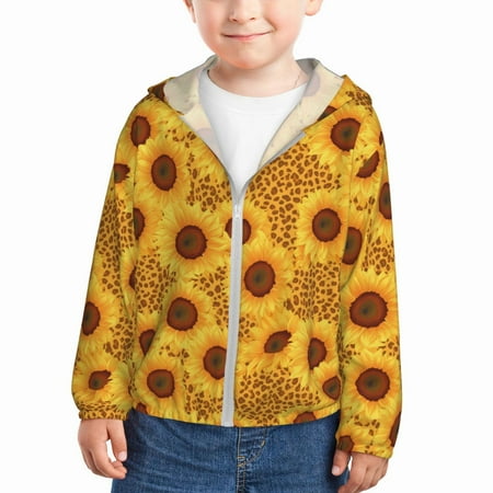 

Sun Hoodie for Kids Yellow Leopard Print Sunflower Long Sleeve Swim Fishing Shirts Sun Protection Zip Up Jacket Clothing Athletic Hoodie