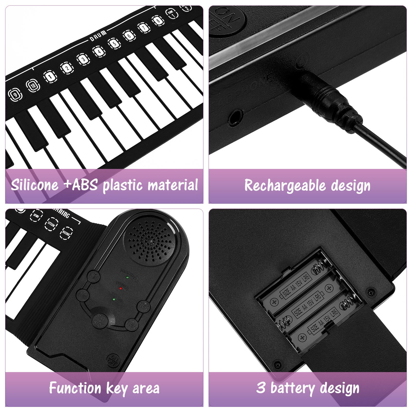 BESTOYARD Portable Digital Piano Keyboard Musical Rollable Keys Black Silicone 1Set