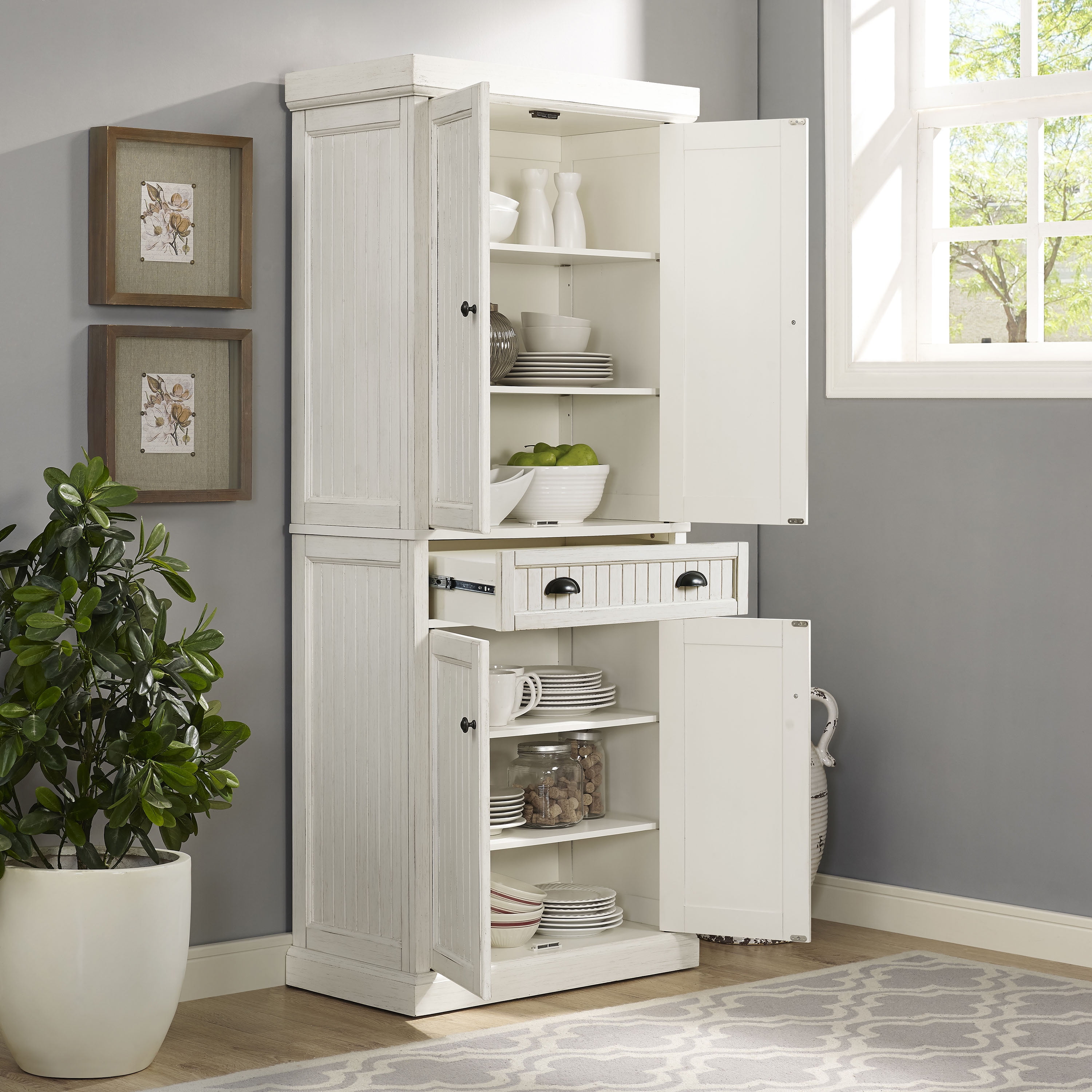Crosley Furniture Seaside Coastal Pantry Storage Cabinet with Shelves, Kitchen, Dining, or Laundry Room