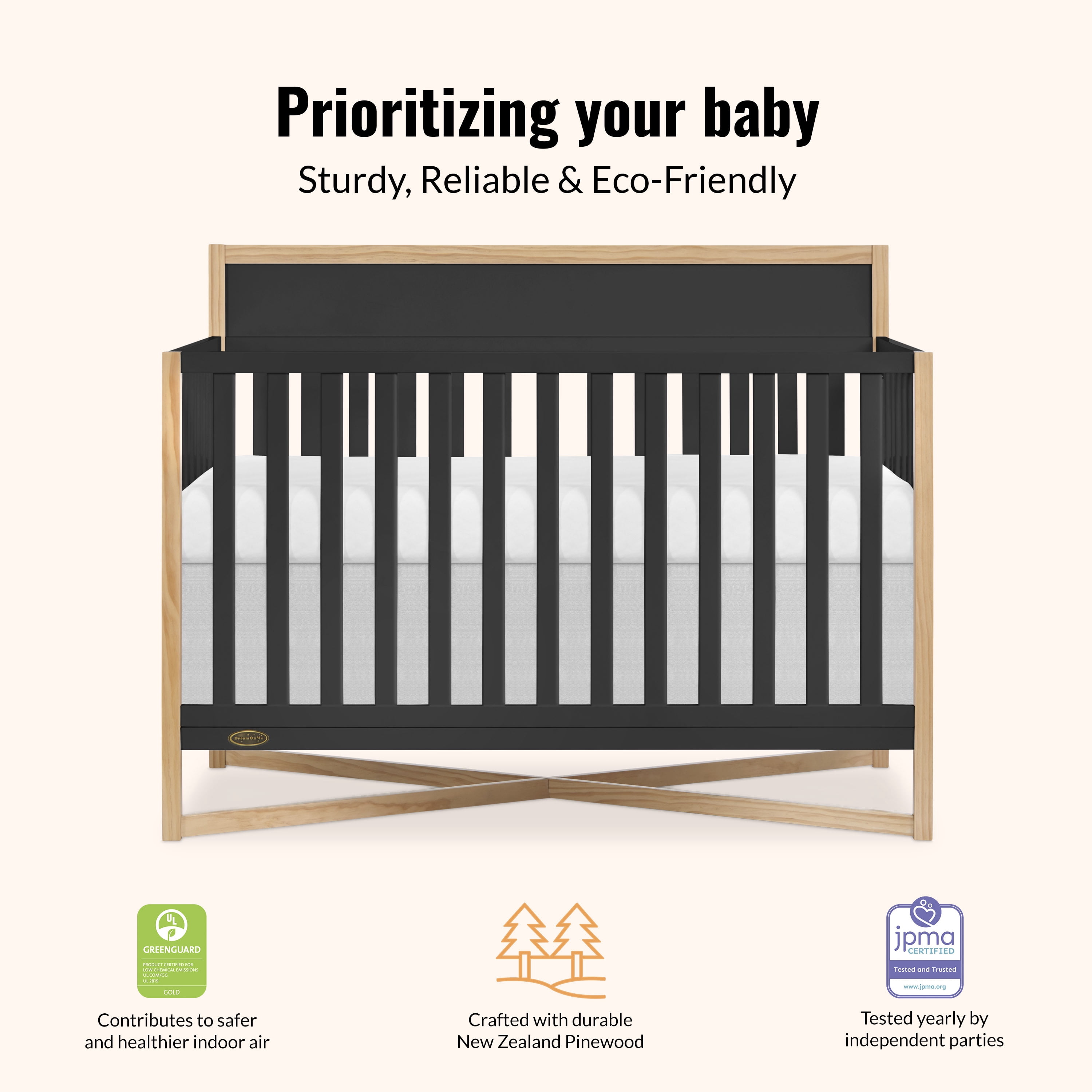 Dream On Me Owen 5-in-1 Convertible Crib, Greenguard Gold & JPMA Certified, Converts from Baby Crib to Toddler Bed, Kids Bed and Full Size Bed, Matte Black