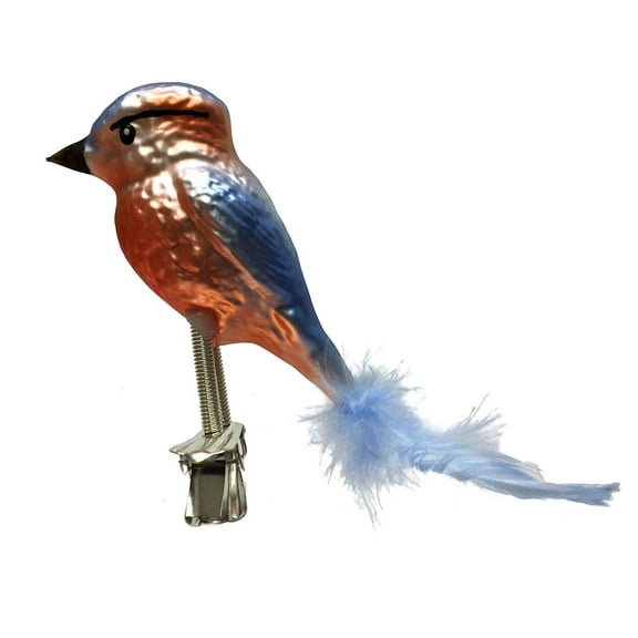 Blue and Red Woodpecker with Feather Tail Czech Glass Christmas Clip On Ornament